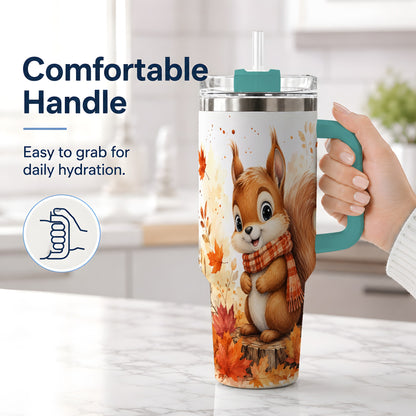 #pl[40oz|Green] Autumn Squirrel 40oz Tumbler, Cute Fall Watercolor for Squirrel Lovers