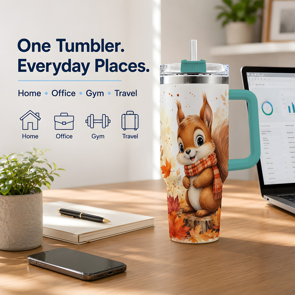 #pl[40oz|Green] Autumn Squirrel 40oz Tumbler, Cute Fall Watercolor for Squirrel Lovers