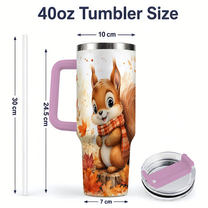 #pl[40oz|Pink] Autumn Squirrel 40oz Tumbler, Cute Fall Watercolor for Squirrel Lovers