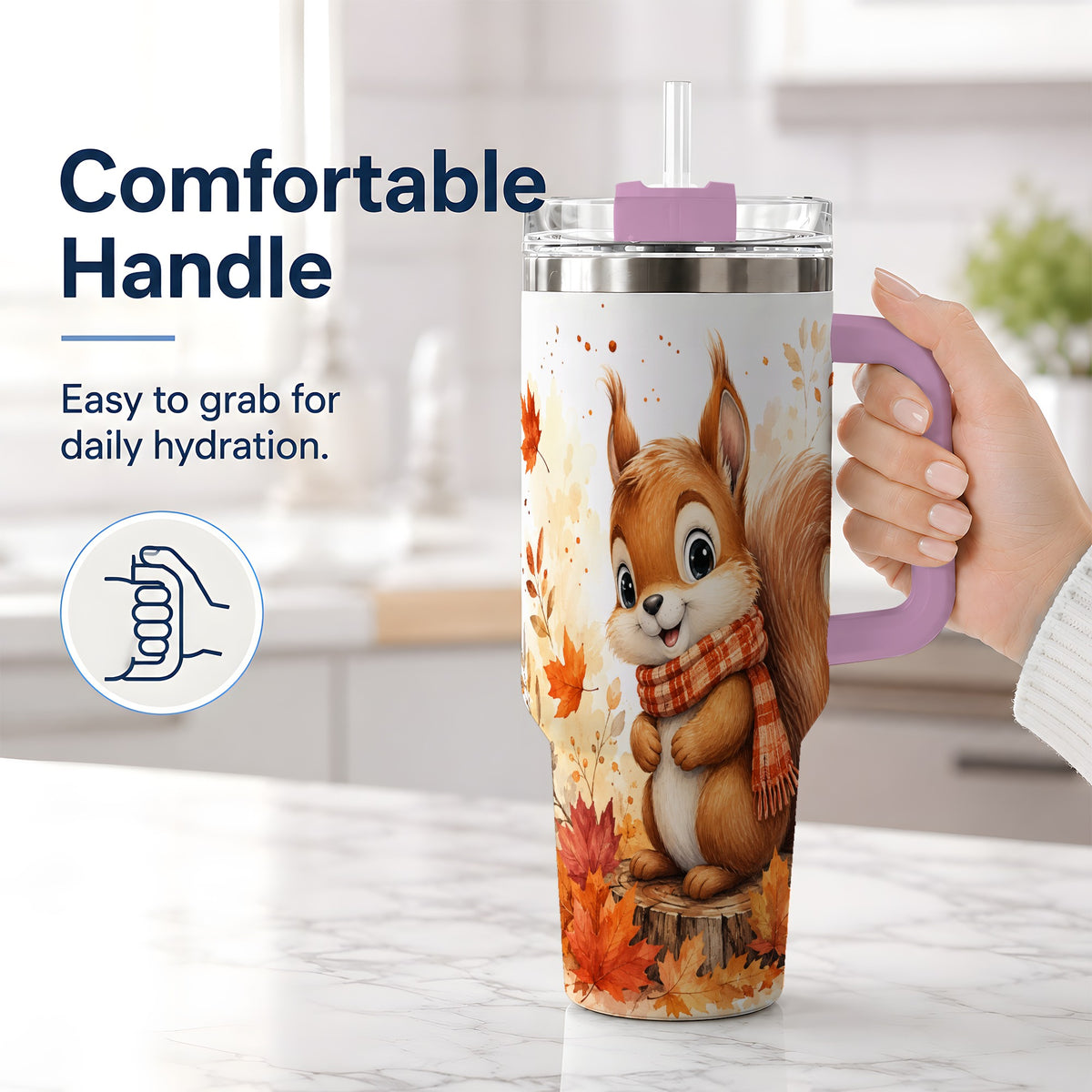#pl[40oz|Pink] Autumn Squirrel 40oz Tumbler, Cute Fall Watercolor for Squirrel Lovers