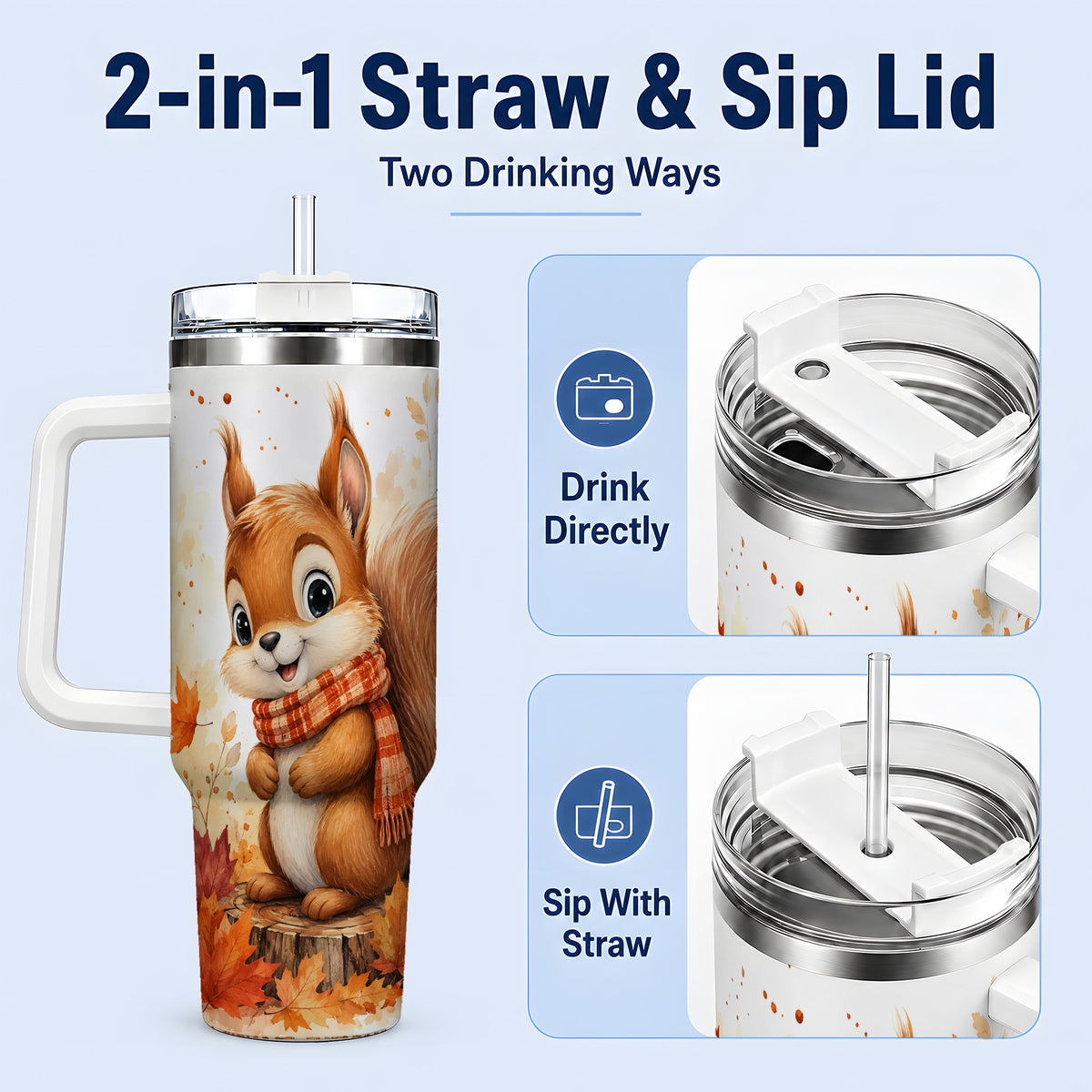 #pl[40oz|White] Autumn Squirrel 40oz Tumbler, Cute Fall Watercolor for Squirrel Lovers