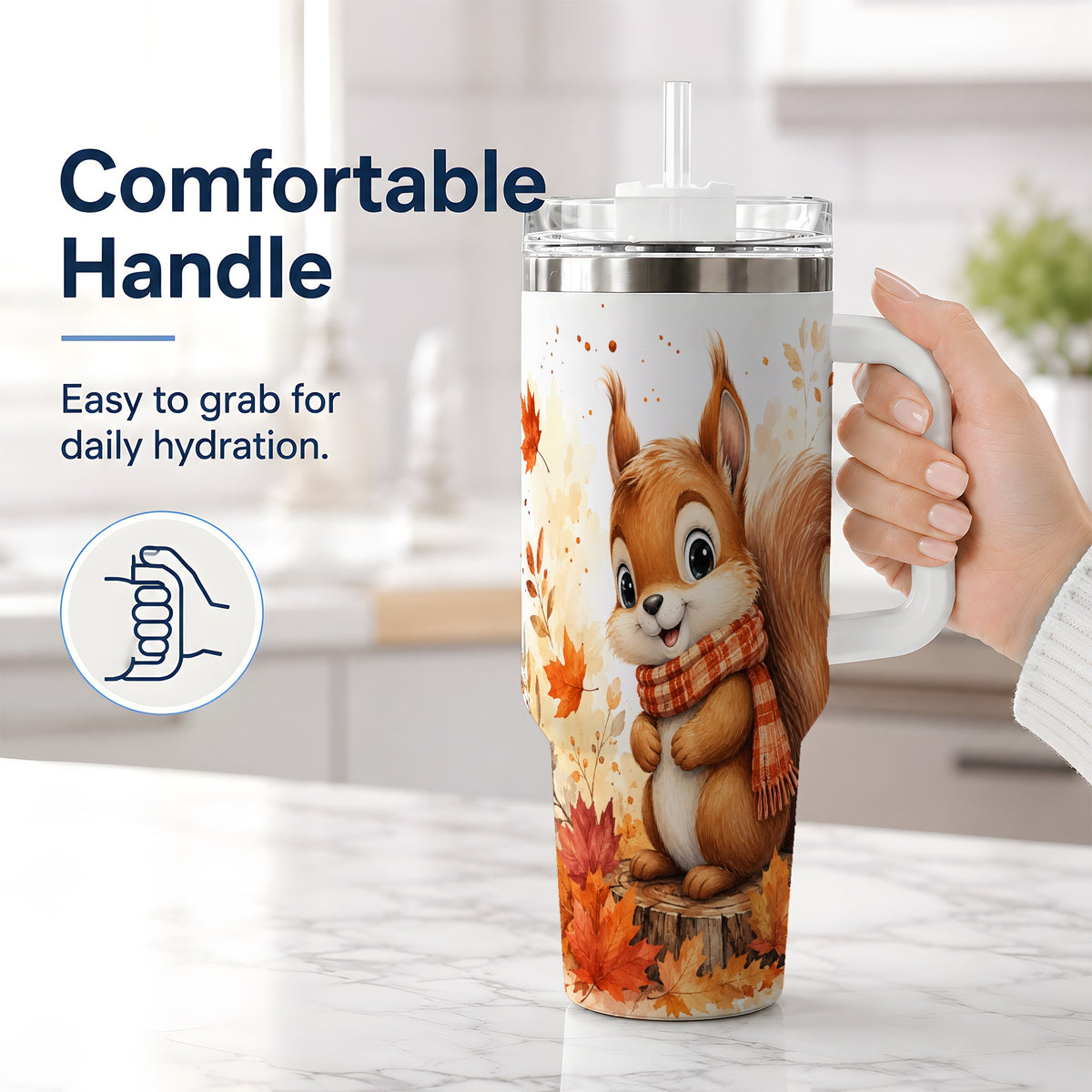 #pl[40oz|White] Autumn Squirrel 40oz Tumbler, Cute Fall Watercolor for Squirrel Lovers