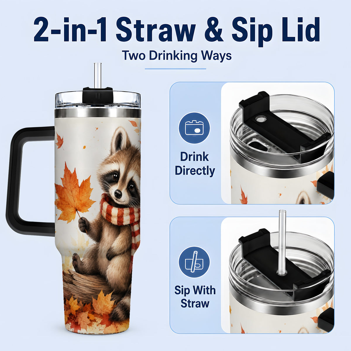 #pl[40oz|Black] Autumn Raccoon 40oz Tumbler, Fall Watercolor Design for Raccoon Lovers