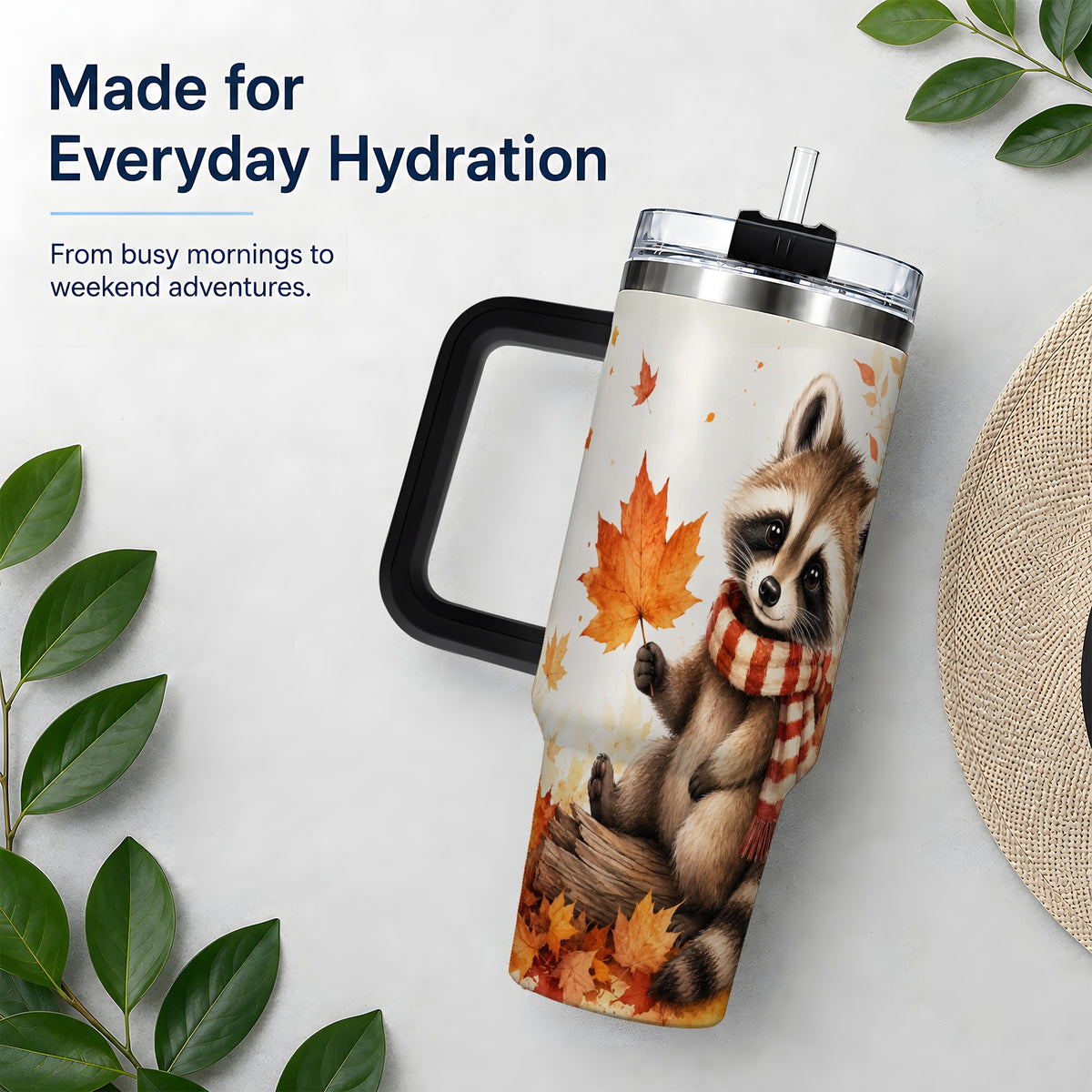 #pl[40oz|Black] Autumn Raccoon 40oz Tumbler, Fall Watercolor Design for Raccoon Lovers