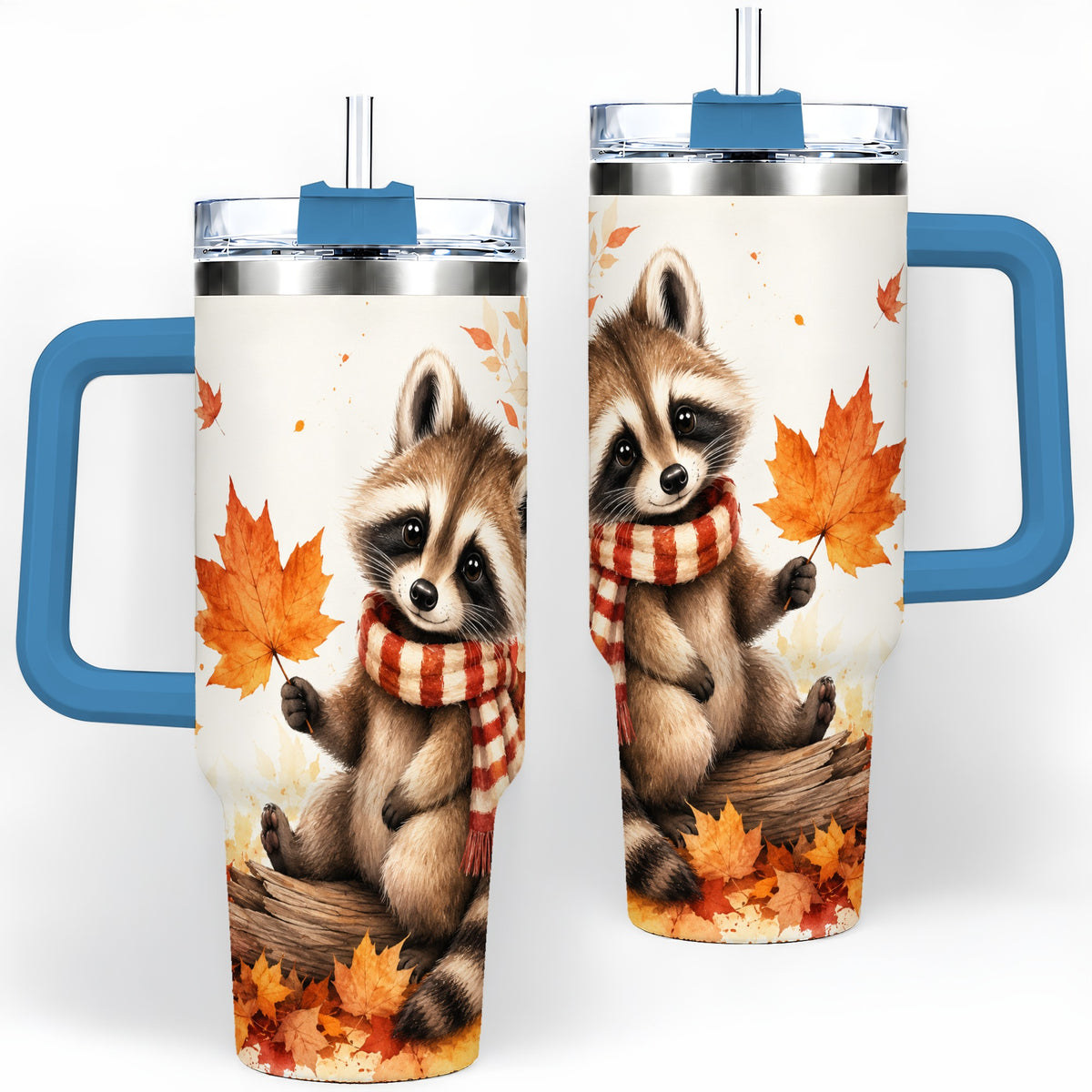 #pl[40oz|Blue] Autumn Raccoon 40oz Tumbler, Fall Watercolor Design for Raccoon Lovers