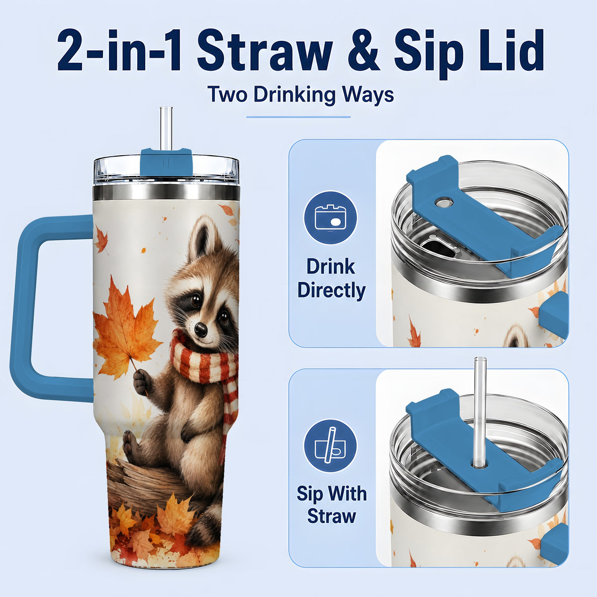 #pl[40oz|Blue] Autumn Raccoon 40oz Tumbler, Fall Watercolor Design for Raccoon Lovers