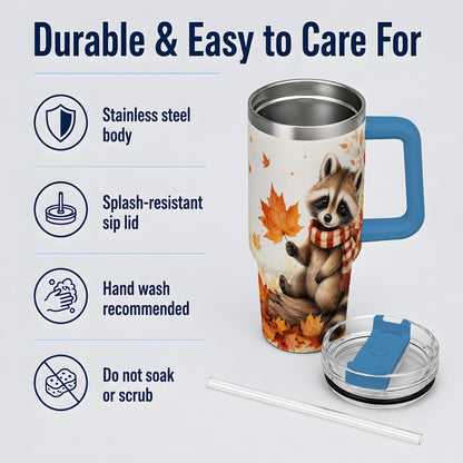 #pl[40oz|Blue] Autumn Raccoon 40oz Tumbler, Fall Watercolor Design for Raccoon Lovers
