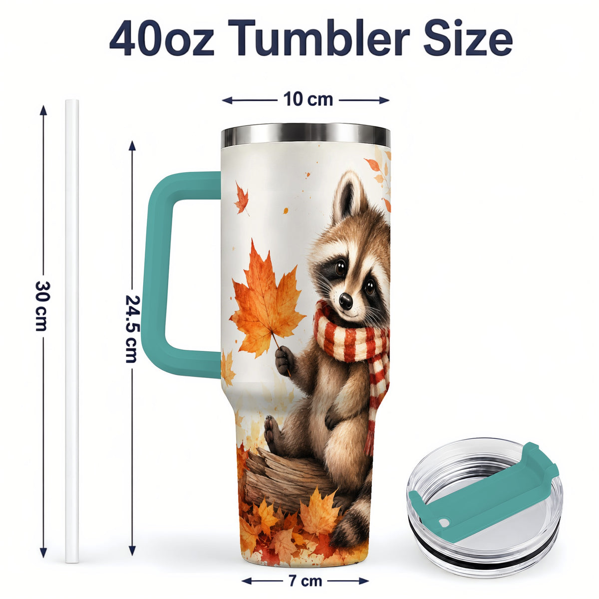 #pl[40oz|Green] Autumn Raccoon 40oz Tumbler, Fall Watercolor Design for Raccoon Lovers