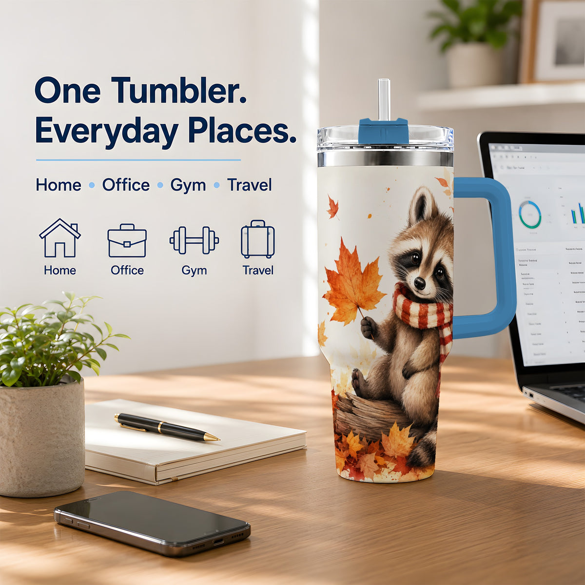 #pl[40oz|Blue] Autumn Raccoon 40oz Tumbler, Fall Watercolor Design for Raccoon Lovers