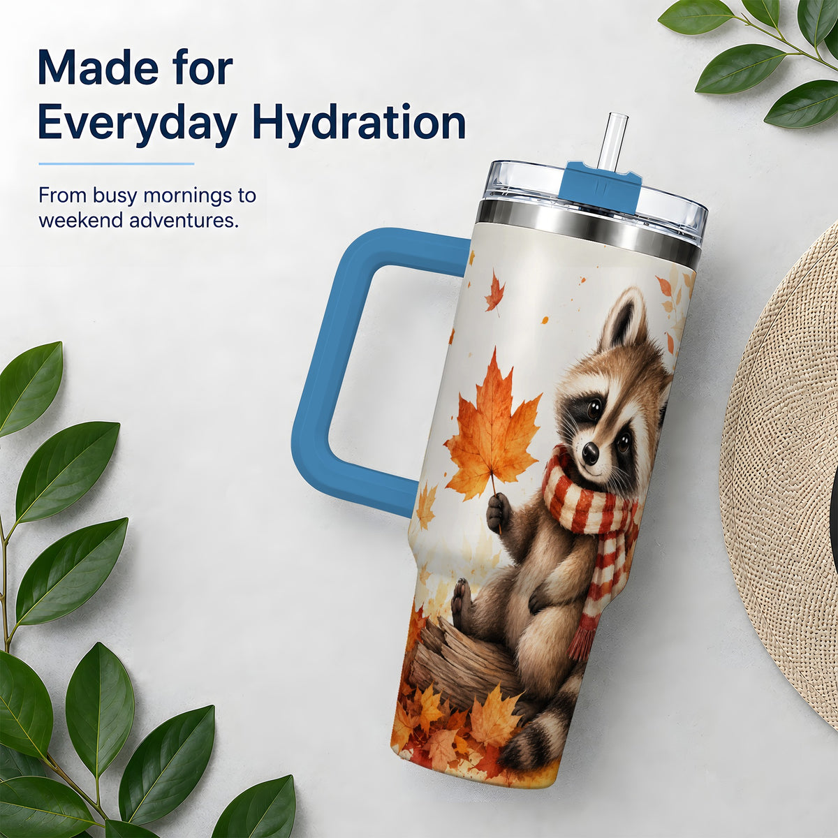 #pl[40oz|Blue] Autumn Raccoon 40oz Tumbler, Fall Watercolor Design for Raccoon Lovers