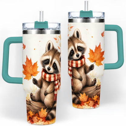 #pl[40oz|Green] Autumn Raccoon 40oz Tumbler, Fall Watercolor Design for Raccoon Lovers