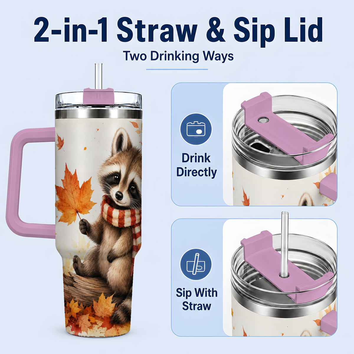 #pl[40oz|Pink] Autumn Raccoon 40oz Tumbler, Fall Watercolor Design for Raccoon Lovers