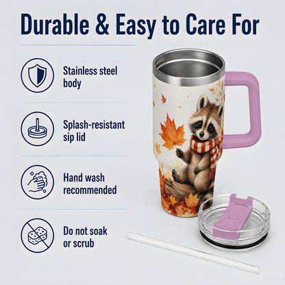 #pl[40oz|Pink] Autumn Raccoon 40oz Tumbler, Fall Watercolor Design for Raccoon Lovers