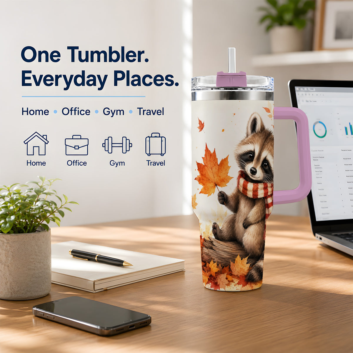 #pl[40oz|Pink] Autumn Raccoon 40oz Tumbler, Fall Watercolor Design for Raccoon Lovers