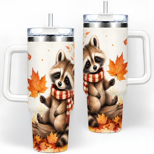 Autumn Raccoon 40oz Tumbler, Fall Watercolor Design for Raccoon Lovers