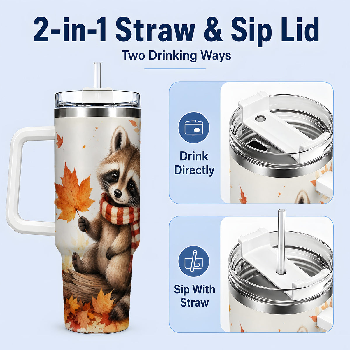 #pl[40oz|White] Autumn Raccoon 40oz Tumbler, Fall Watercolor Design for Raccoon Lovers