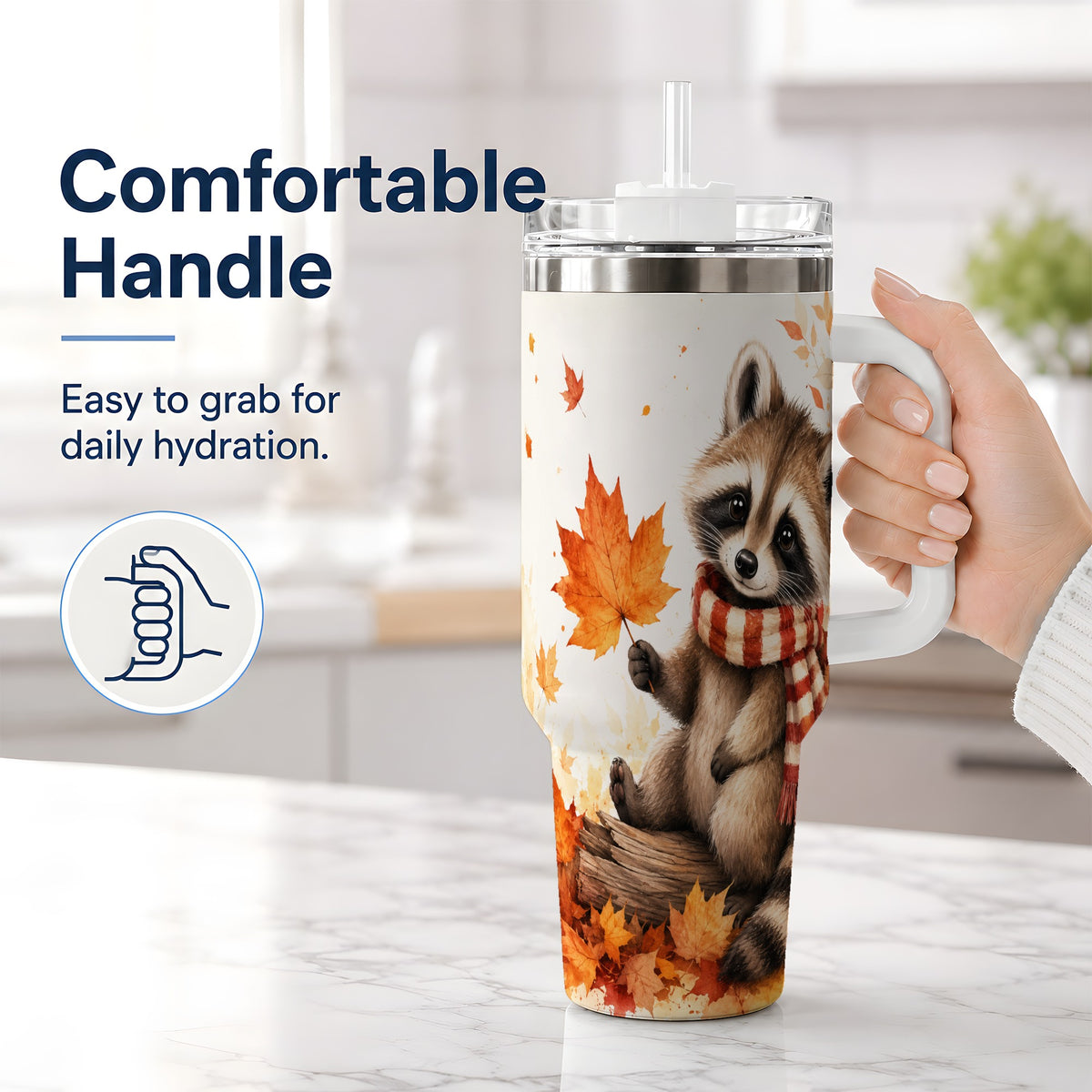 #pl[40oz|White] Autumn Raccoon 40oz Tumbler, Fall Watercolor Design for Raccoon Lovers