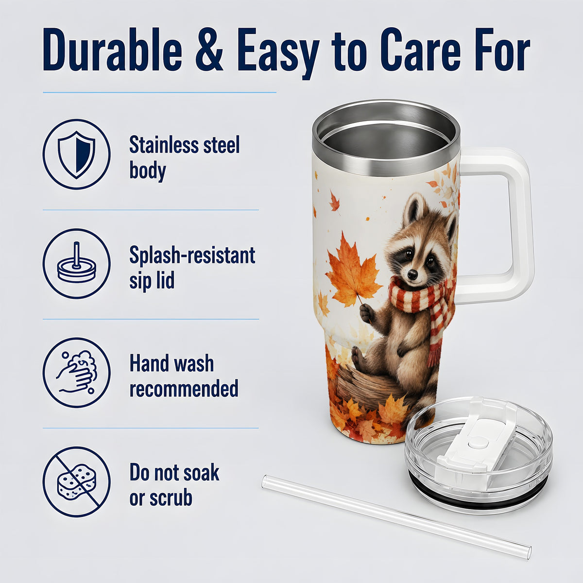 #pl[40oz|White] Autumn Raccoon 40oz Tumbler, Fall Watercolor Design for Raccoon Lovers