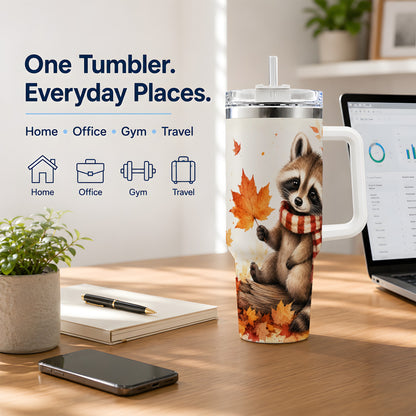 #pl[40oz|White] Autumn Raccoon 40oz Tumbler, Fall Watercolor Design for Raccoon Lovers