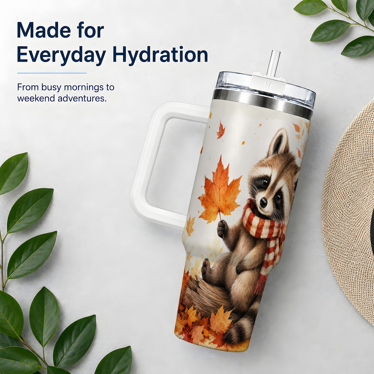 #pl[40oz|White] Autumn Raccoon 40oz Tumbler, Fall Watercolor Design for Raccoon Lovers