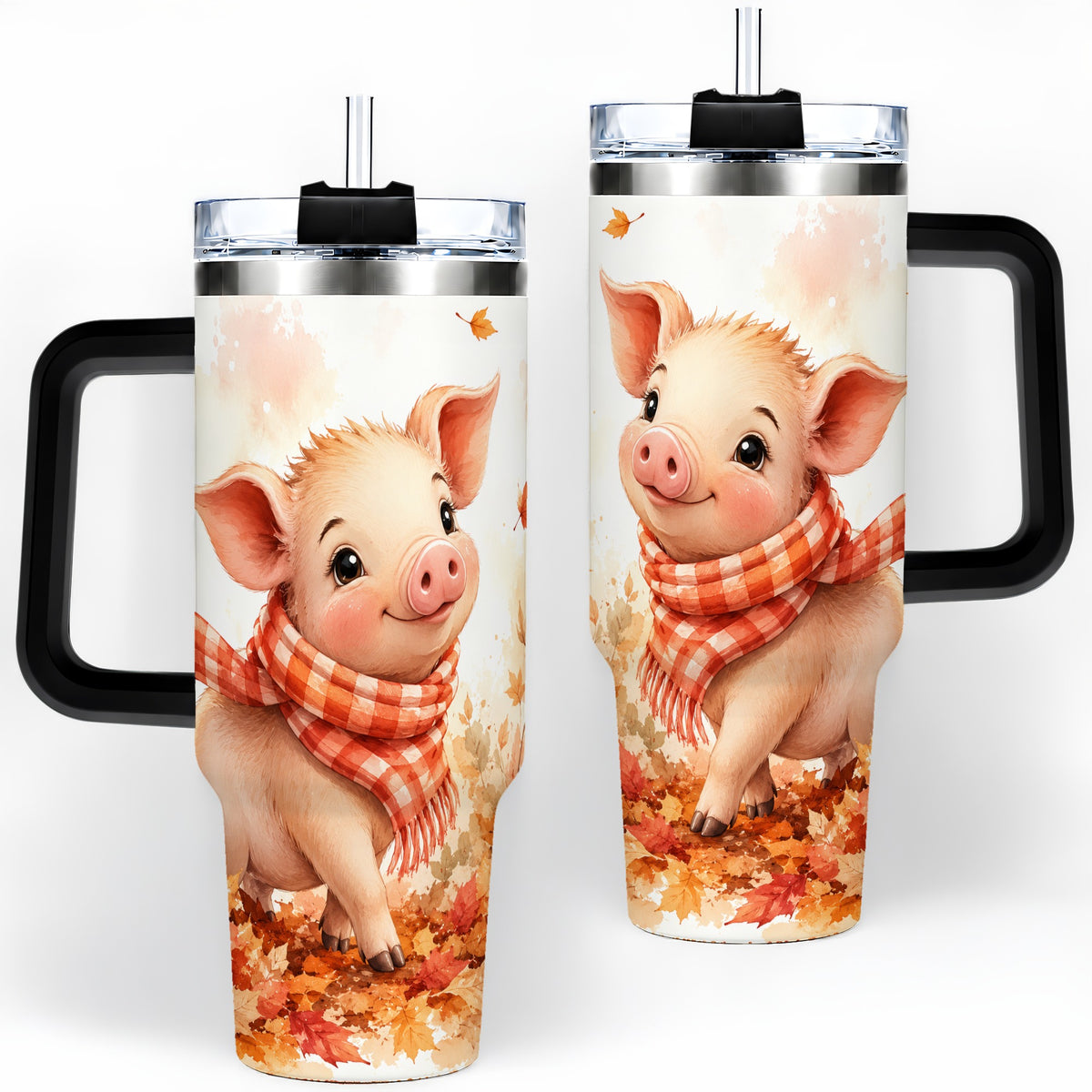 #pl[40oz|Black] Autumn Pig 40oz Tumbler, Cute Fall Watercolor Design for Pig Lovers
