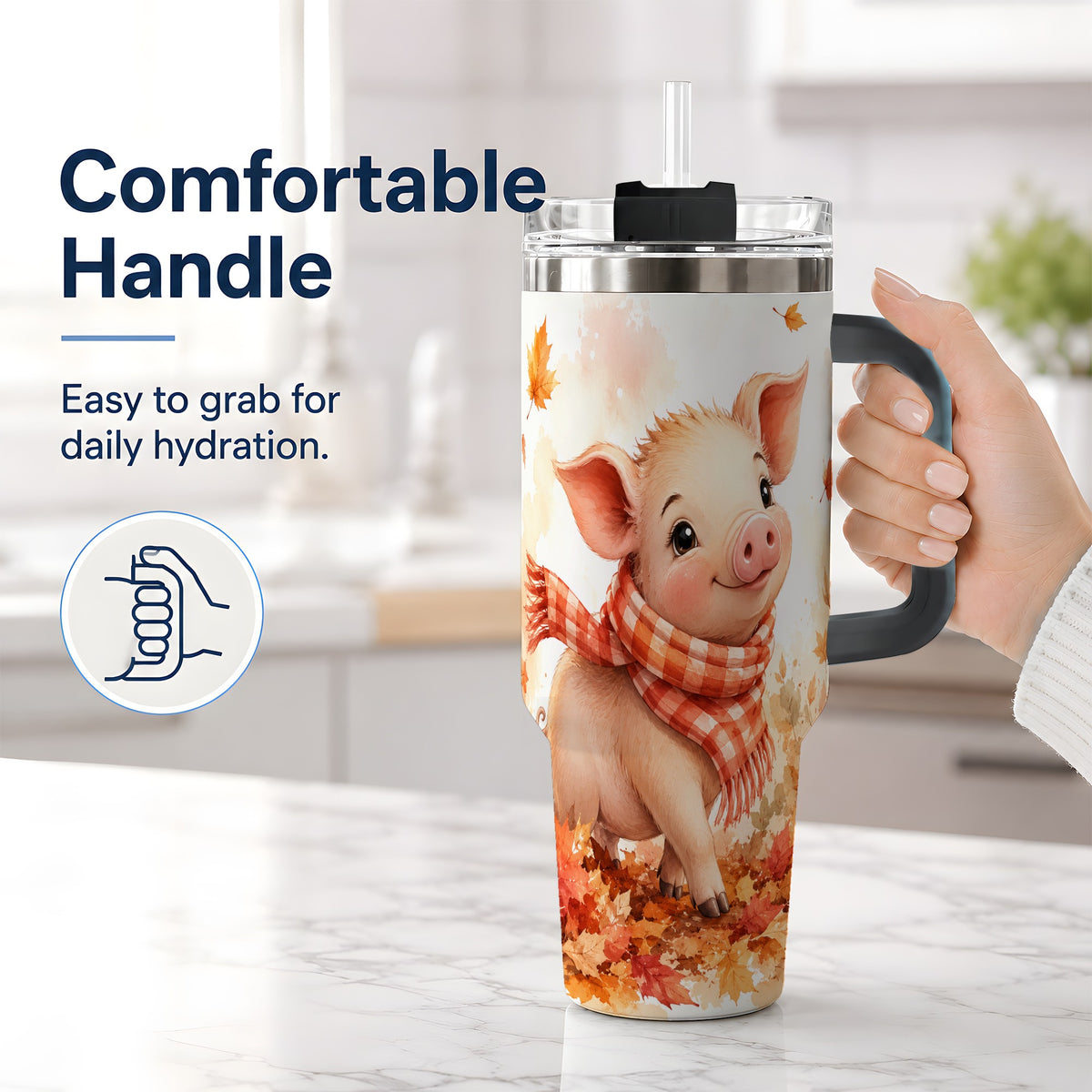 #pl[40oz|Black] Autumn Pig 40oz Tumbler, Cute Fall Watercolor Design for Pig Lovers
