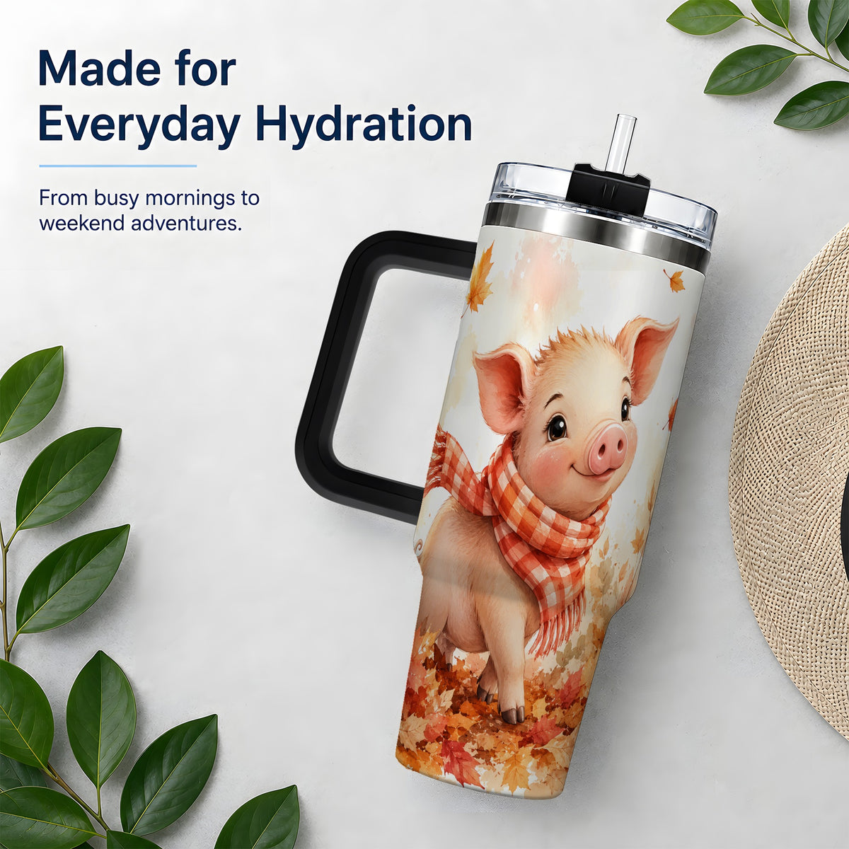 #pl[40oz|Black] Autumn Pig 40oz Tumbler, Cute Fall Watercolor Design for Pig Lovers