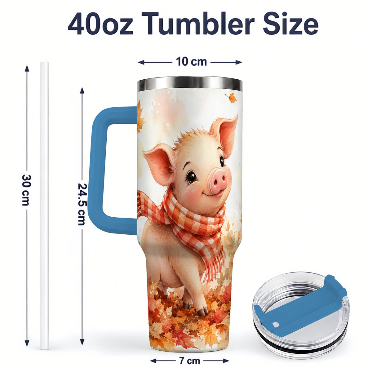 #pl[40oz|Blue] Autumn Pig 40oz Tumbler, Cute Fall Watercolor Design for Pig Lovers