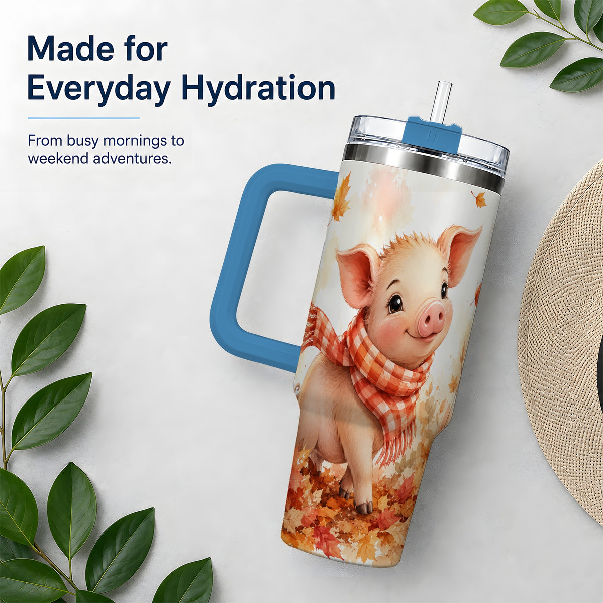 #pl[40oz|Blue] Autumn Pig 40oz Tumbler, Cute Fall Watercolor Design for Pig Lovers
