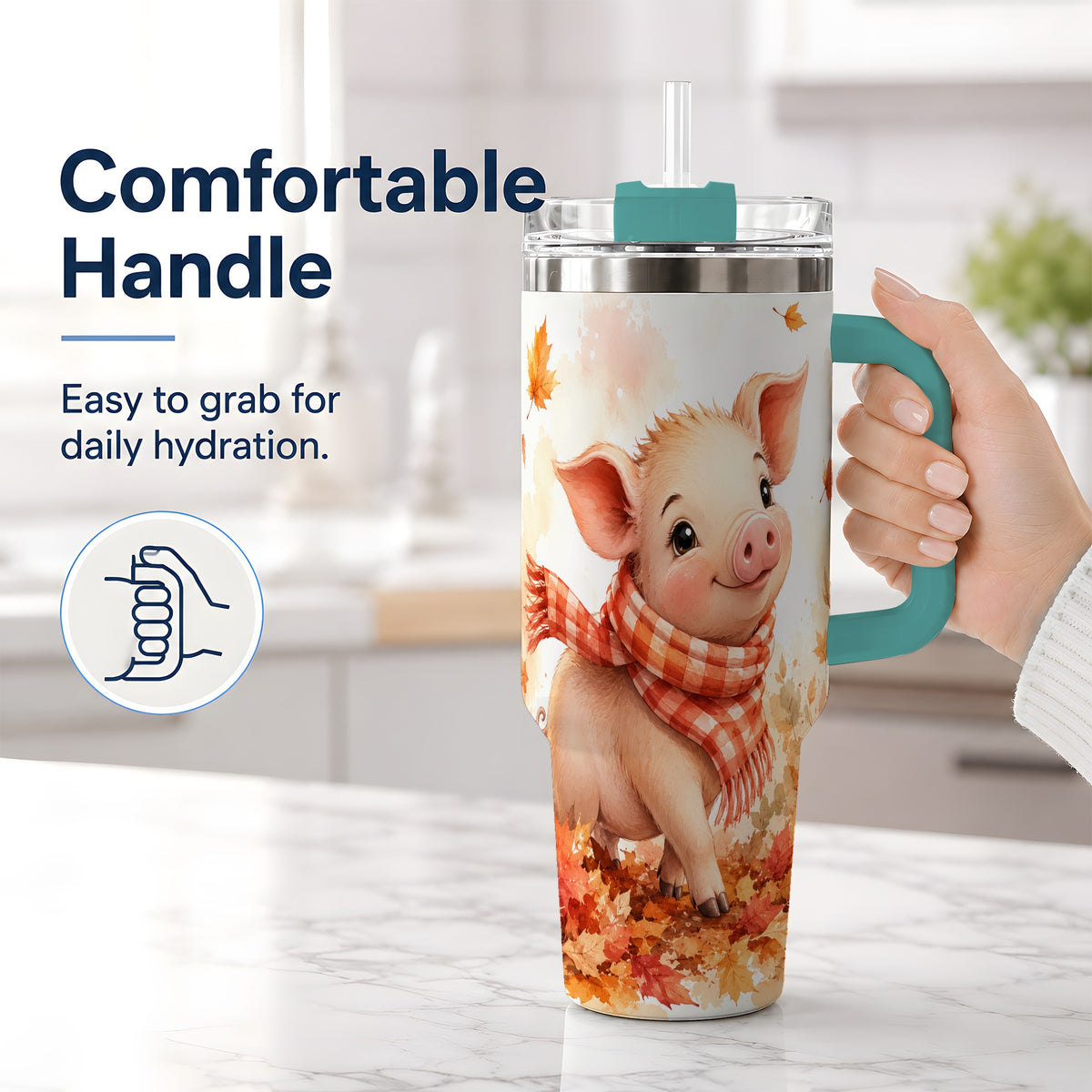 #pl[40oz|Green] Autumn Pig 40oz Tumbler, Cute Fall Watercolor Design for Pig Lovers