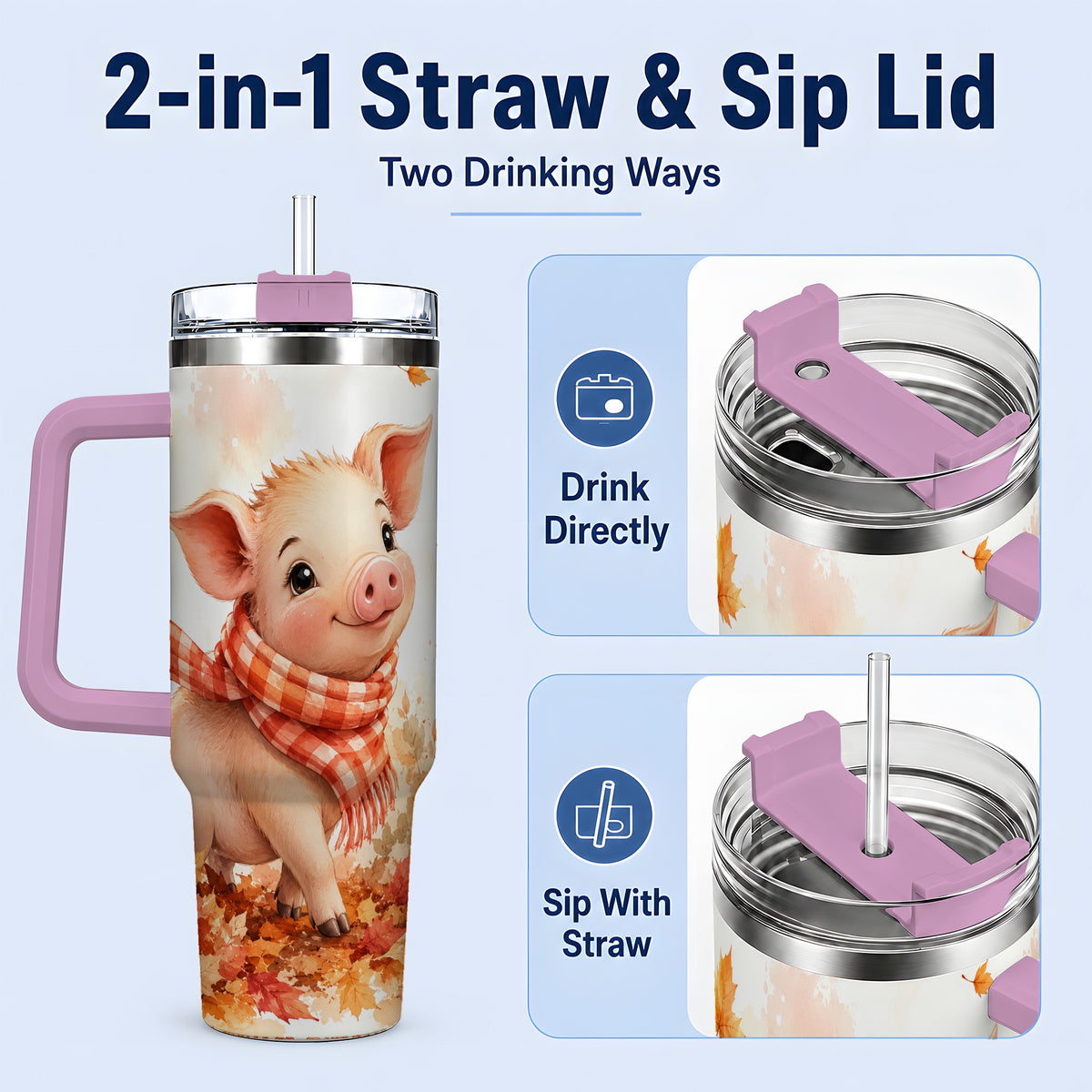 #pl[40oz|Pink] Autumn Pig 40oz Tumbler, Cute Fall Watercolor Design for Pig Lovers