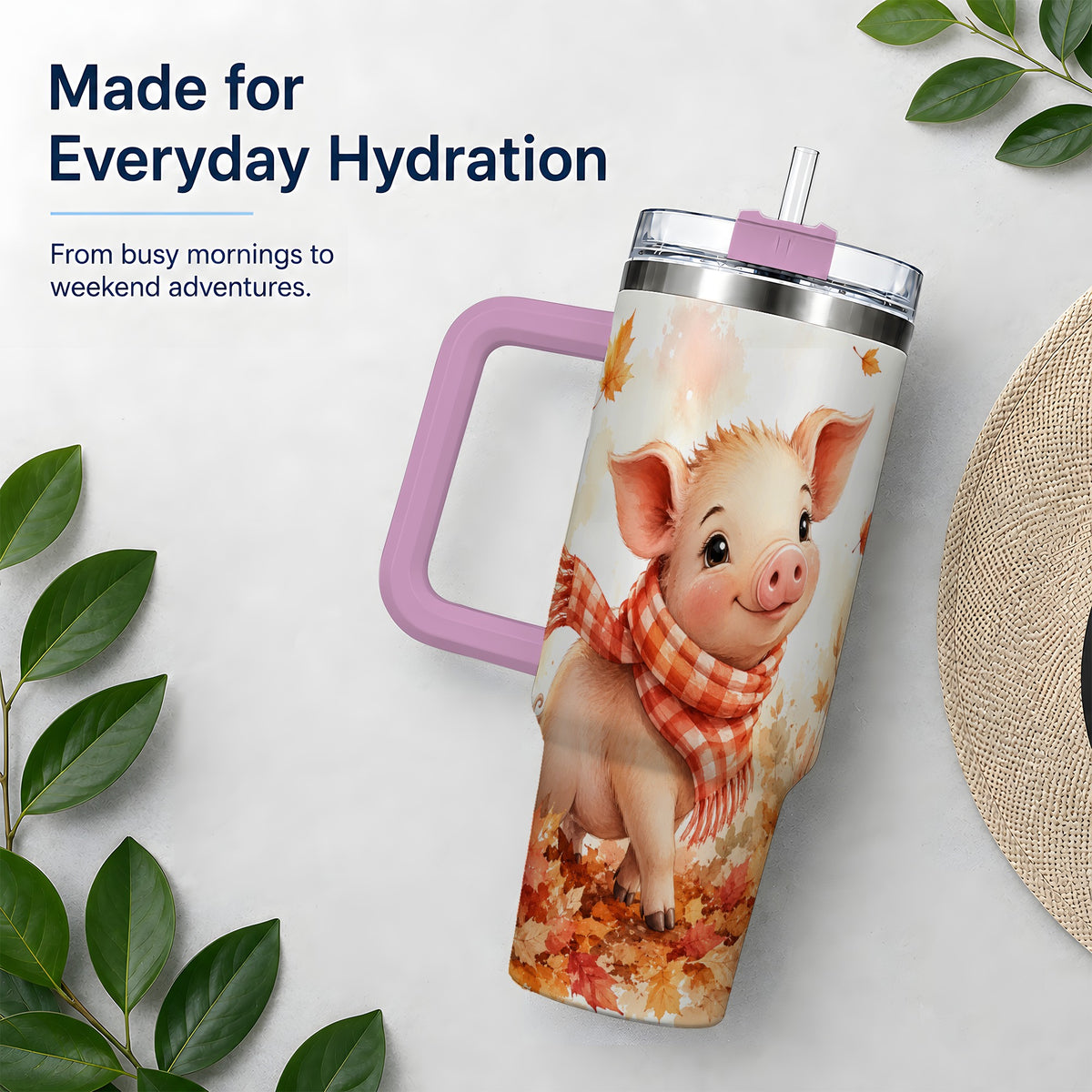 #pl[40oz|Pink] Autumn Pig 40oz Tumbler, Cute Fall Watercolor Design for Pig Lovers