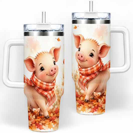 Autumn Pig 40oz Tumbler, Cute Fall Watercolor Design for Pig Lovers
