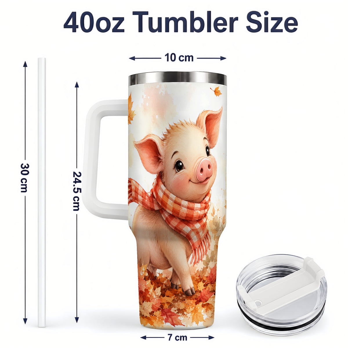 #pl[40oz|White] Autumn Pig 40oz Tumbler, Cute Fall Watercolor Design for Pig Lovers