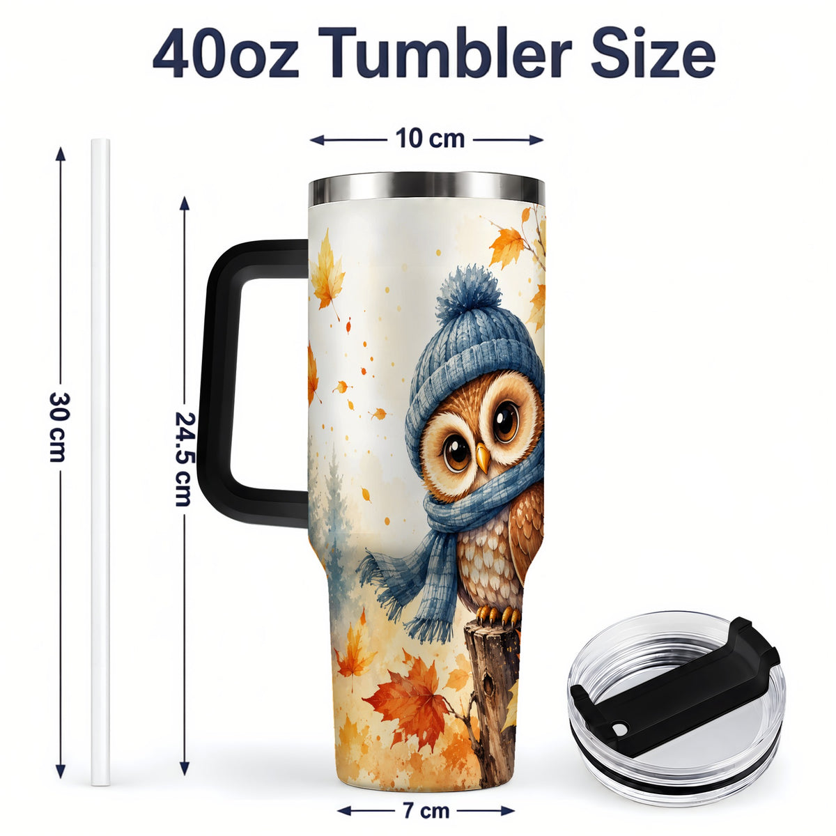 #pl[40oz|Black] Autumn Owl 40oz Tumbler, Cozy Fall Watercolor Design for Owl Lovers