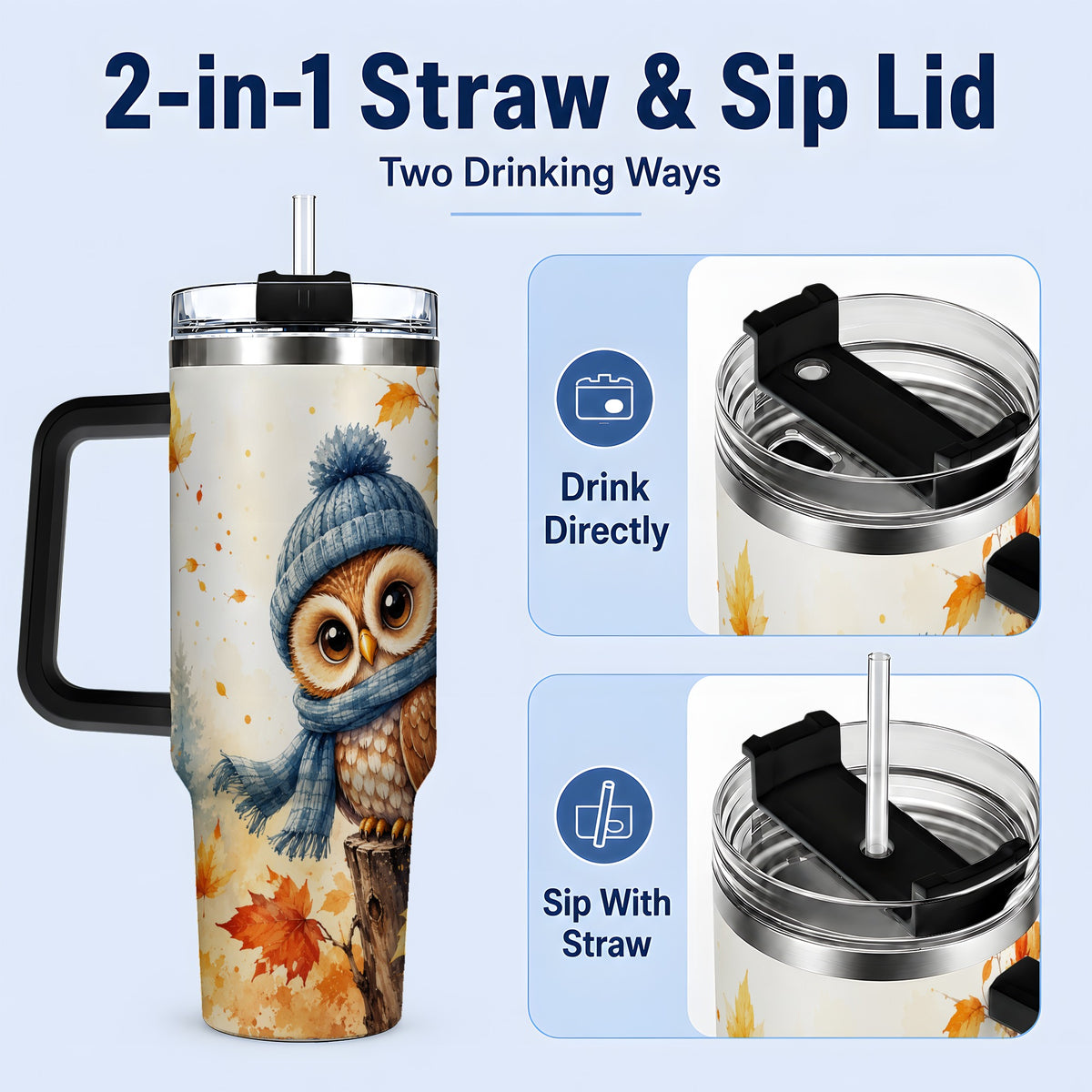 #pl[40oz|Black] Autumn Owl 40oz Tumbler, Cozy Fall Watercolor Design for Owl Lovers