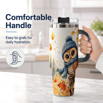 #pl[40oz|Black] Autumn Owl 40oz Tumbler, Cozy Fall Watercolor Design for Owl Lovers
