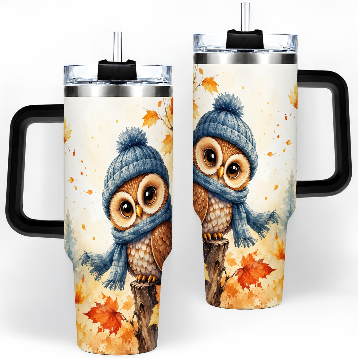 #pl[40oz|Black] Autumn Owl 40oz Tumbler, Cozy Fall Watercolor Design for Owl Lovers