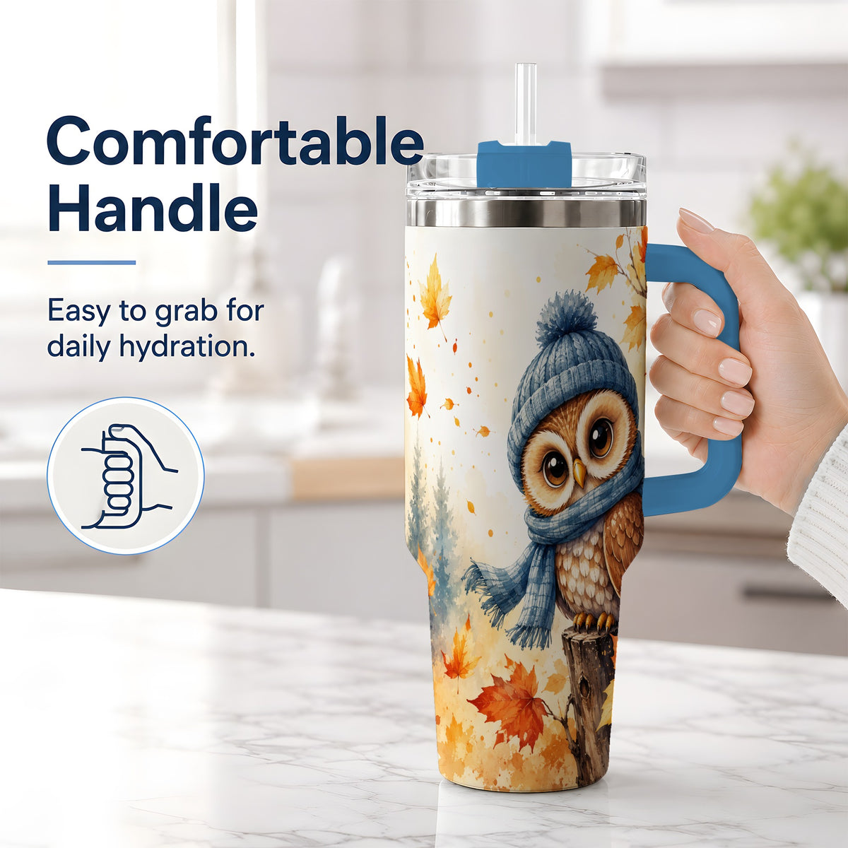 #pl[40oz|Blue] Autumn Owl 40oz Tumbler, Cozy Fall Watercolor Design for Owl Lovers