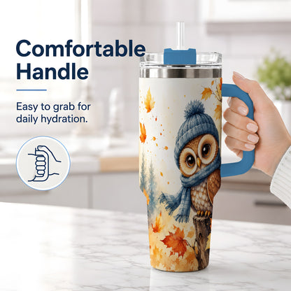 #pl[40oz|Blue] Autumn Owl 40oz Tumbler, Cozy Fall Watercolor Design for Owl Lovers