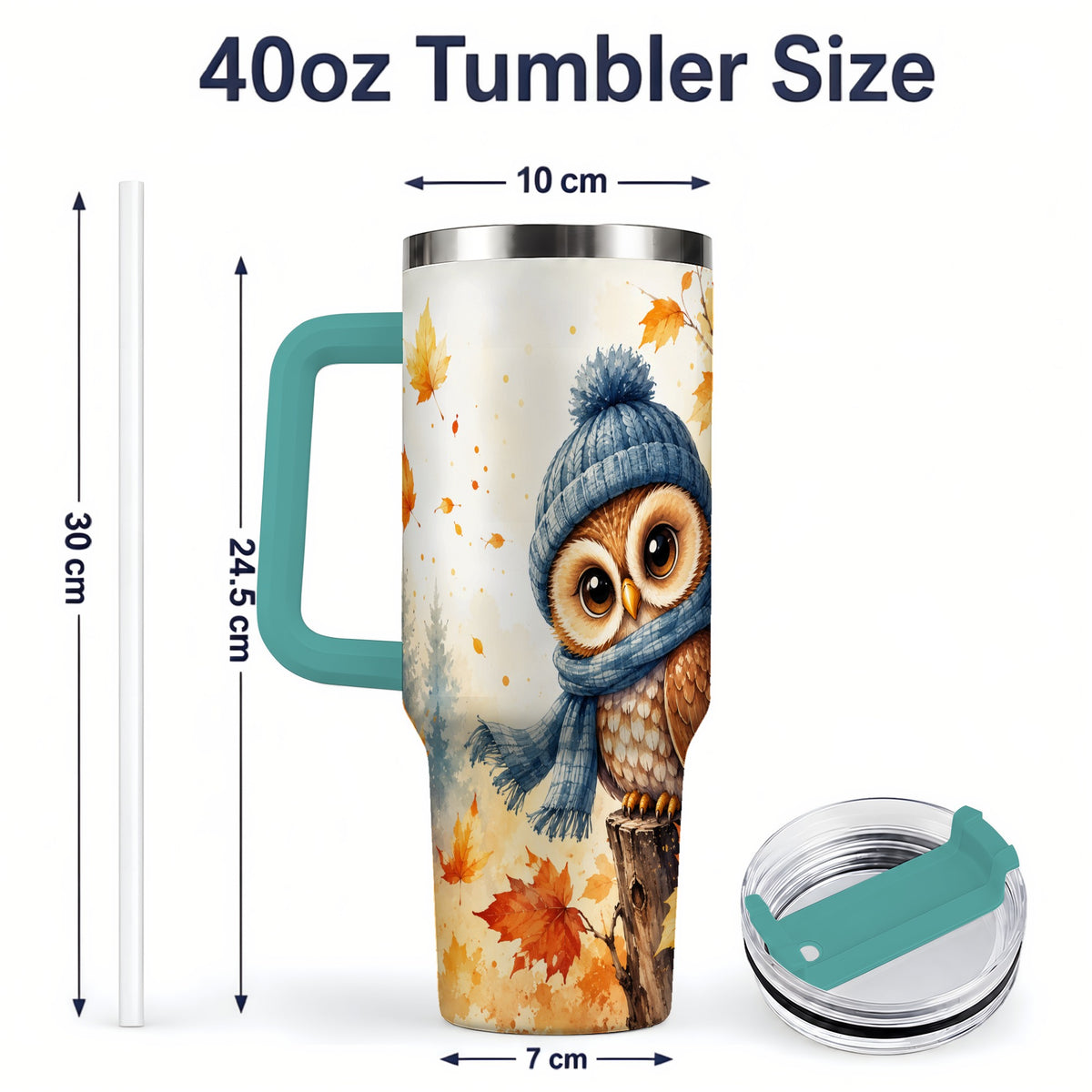 #pl[40oz|Green] Autumn Owl 40oz Tumbler, Cozy Fall Watercolor Design for Owl Lovers