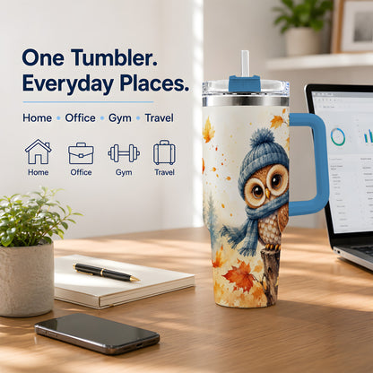 #pl[40oz|Blue] Autumn Owl 40oz Tumbler, Cozy Fall Watercolor Design for Owl Lovers