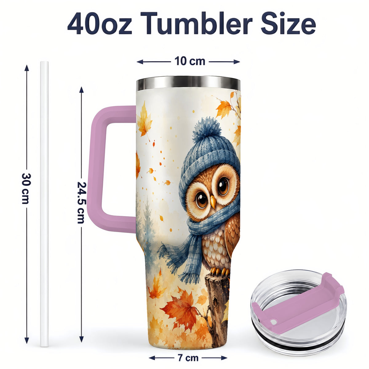 #pl[40oz|Pink] Autumn Owl 40oz Tumbler, Cozy Fall Watercolor Design for Owl Lovers