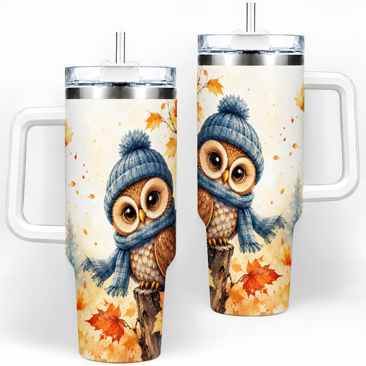 Autumn Owl 40oz Tumbler, Cozy Fall Watercolor Design for Owl Lovers