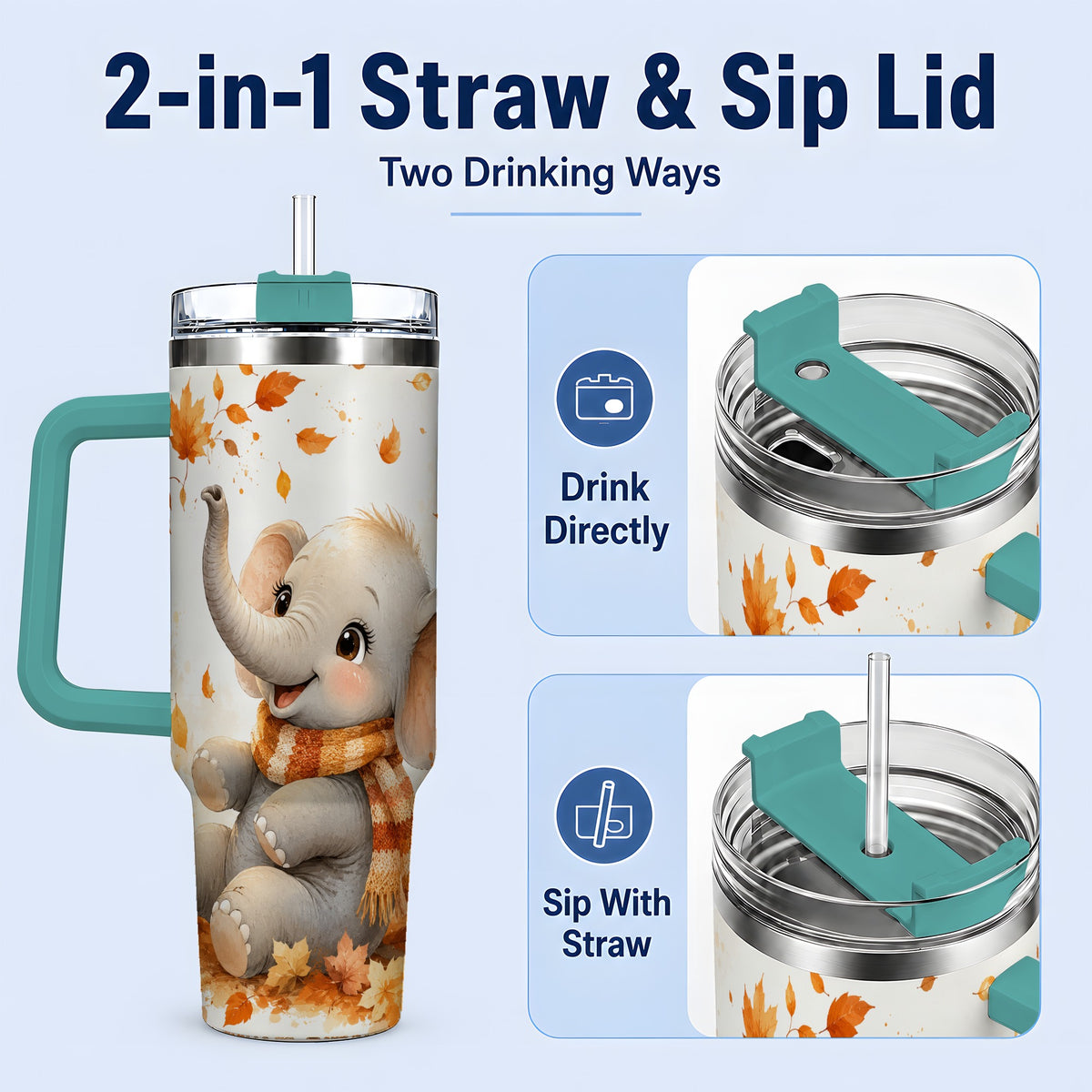 #pl[40oz|Green] Autumn Elephant 40oz Tumbler, Cute Scarf and Fall Leaves Watercolor Art