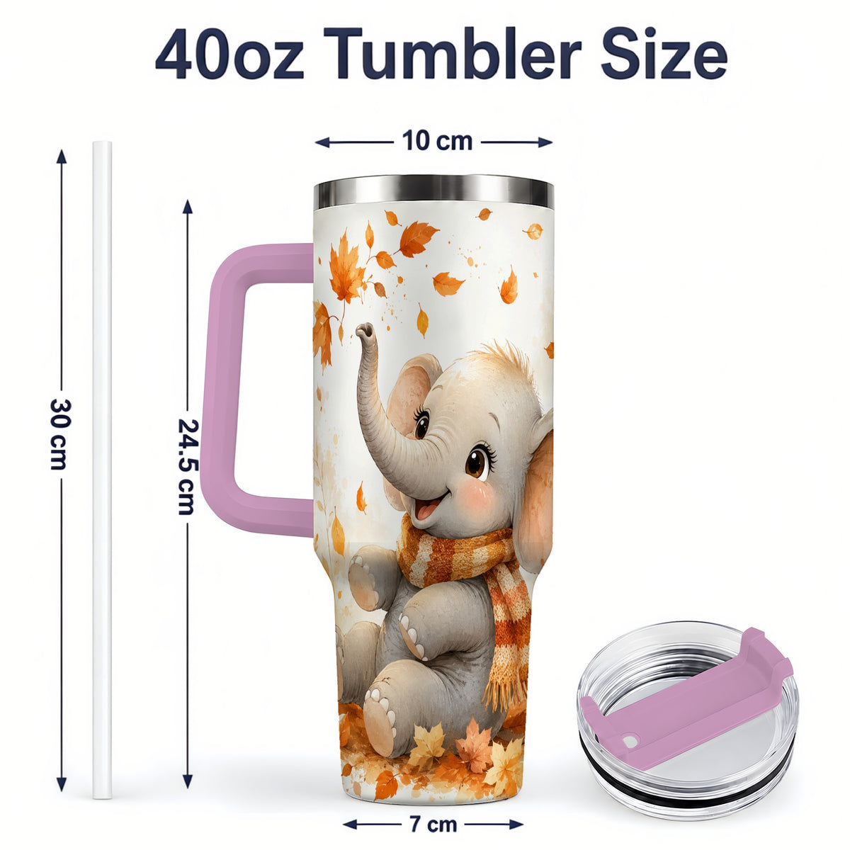 #pl[40oz|Pink] Autumn Elephant 40oz Tumbler, Cute Scarf and Fall Leaves Watercolor Art