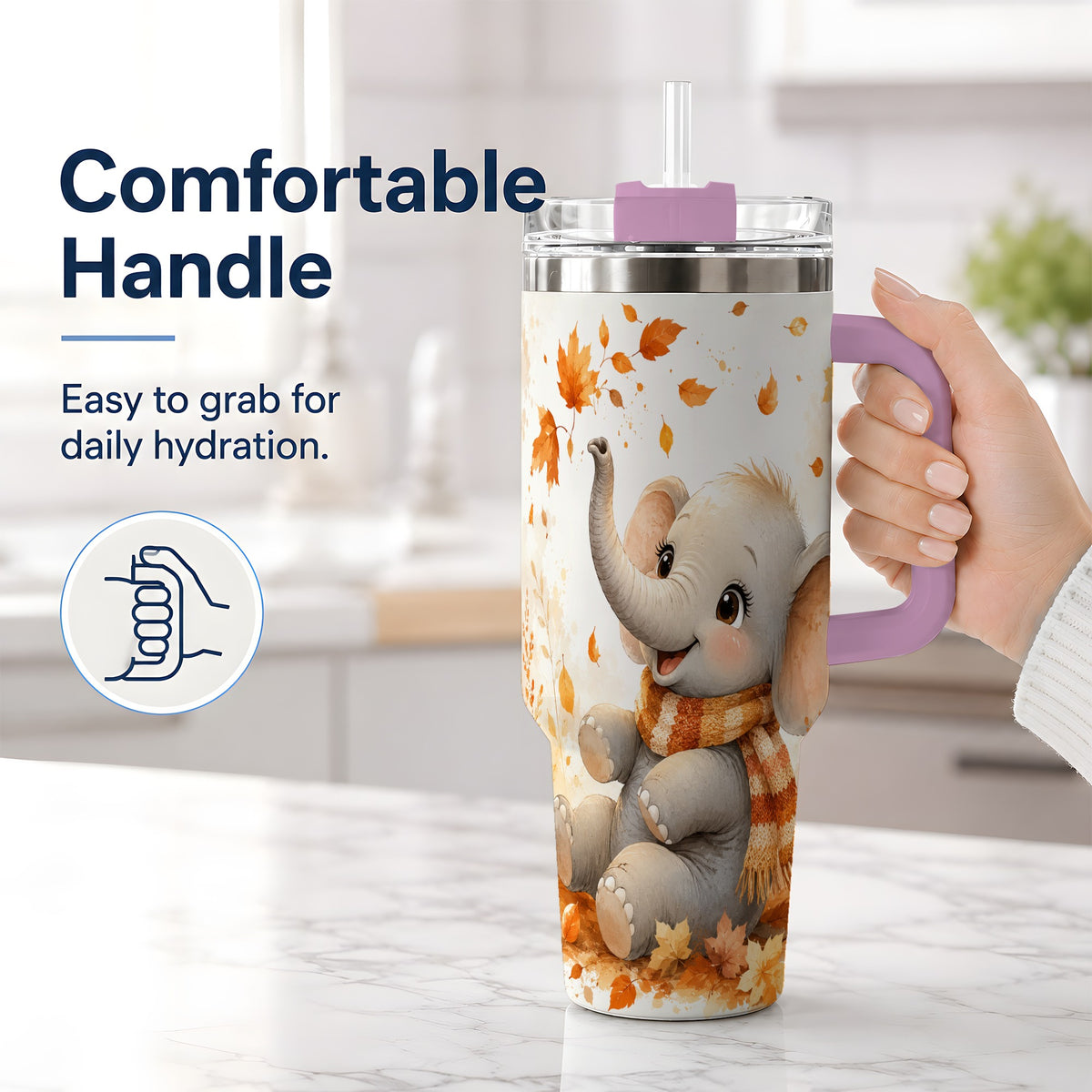 #pl[40oz|Pink] Autumn Elephant 40oz Tumbler, Cute Scarf and Fall Leaves Watercolor Art