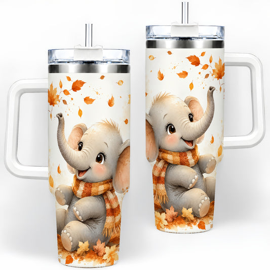 Autumn Elephant 40oz Tumbler, Cute Scarf and Fall Leaves Watercolor Art