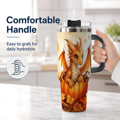 #pl[40oz|Black] Autumn Dragon 40oz Tumbler, Pumpkin and Fall Leaves Watercolor Art