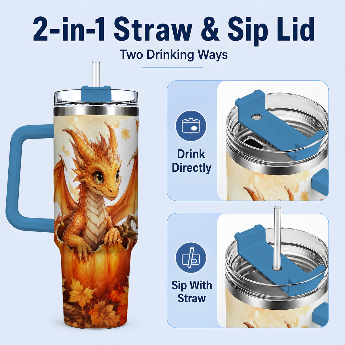 #pl[40oz|Blue] Autumn Dragon 40oz Tumbler, Pumpkin and Fall Leaves Watercolor Art